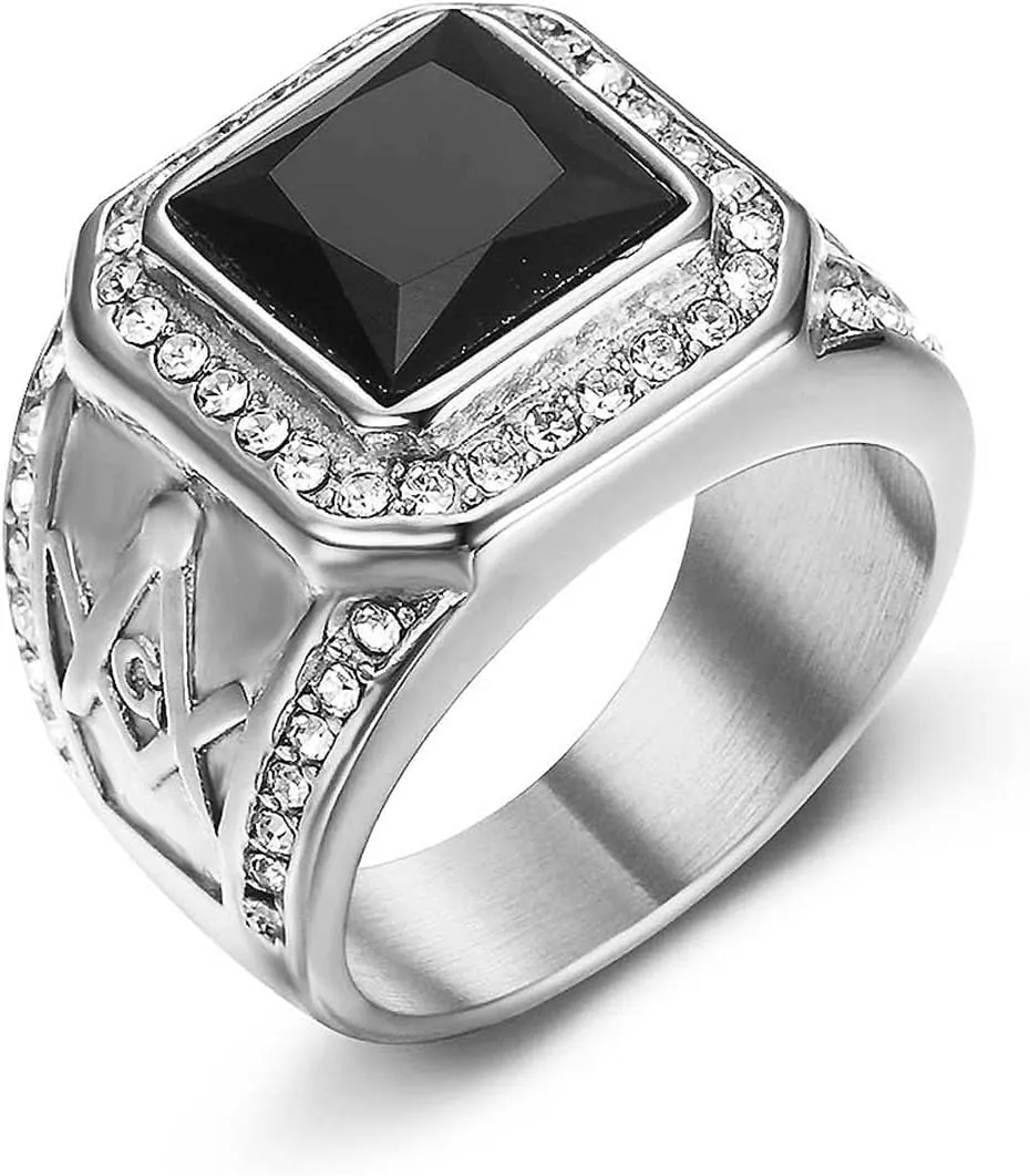 Vintage Black Onyx Gemstone Ring for Men,Stainless Steel Freemasonry Masonic Agate Ring Stone Signet Ring Unique Biker Stone Obsidian Diamond Ring Fashion Jewelry