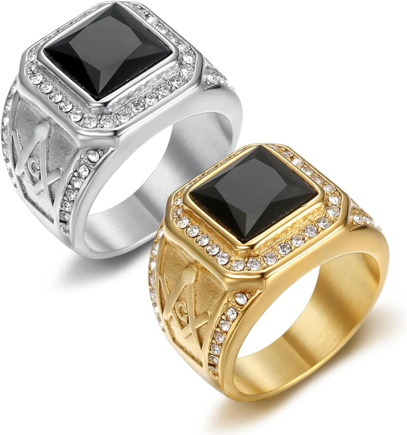 Vintage Black Onyx Gemstone Ring for Men,Stainless Steel Freemasonry Masonic Agate Ring Stone Signet Ring Unique Biker Stone Obsidian Diamond Ring Fashion Jewelry