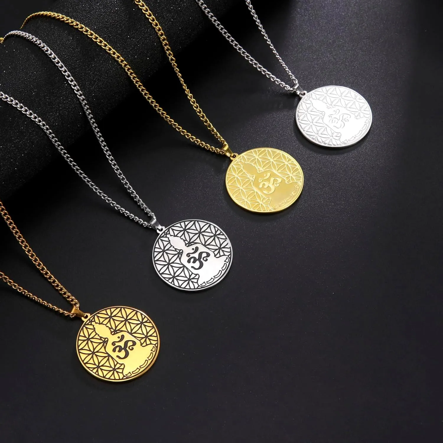 Vintage Buddhism Mandala Necklace Om Symbol Pendant Amulet Stainless Steel Religious Geometry Meditation Jewelry