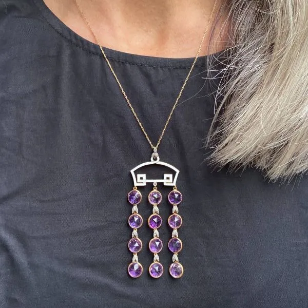 Vintage Enamel Amethyst & Diamond Pendant