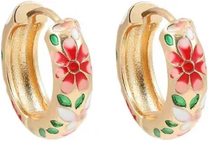 Vintage Enamel Flower Small Hoop Earrings Retro Japanese Style Flowers Ear Clip-on for Women Delicate Jewelry Mother's Day Gift (D pink)