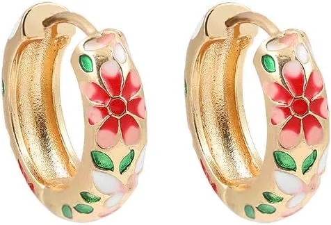 Vintage Enamel Flower Small Hoop Earrings Retro Japanese Style Flowers Ear Clip-on for Women Delicate Jewelry Mother's Day Gift (D pink)