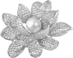 Vintage Lotus Flower Brooch Pins Imitation White Pearl Zirconia Broach Jewelry Brooches for Women Gift