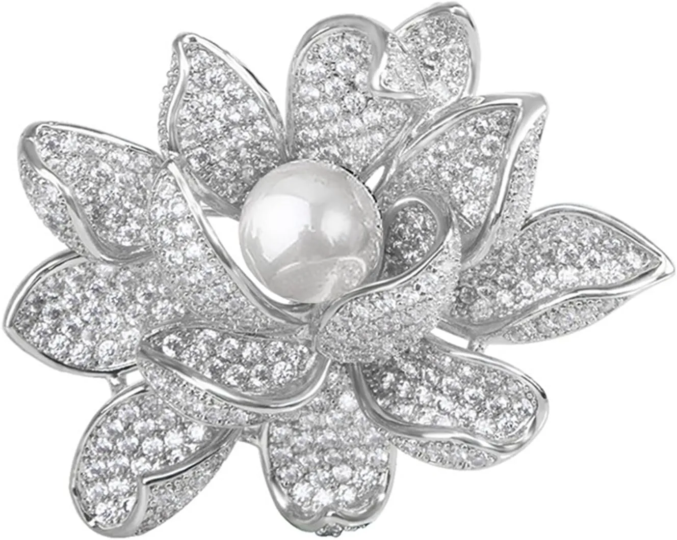 Vintage Lotus Flower Brooch Pins Imitation White Pearl Zirconia Broach Jewelry Brooches for Women Gift