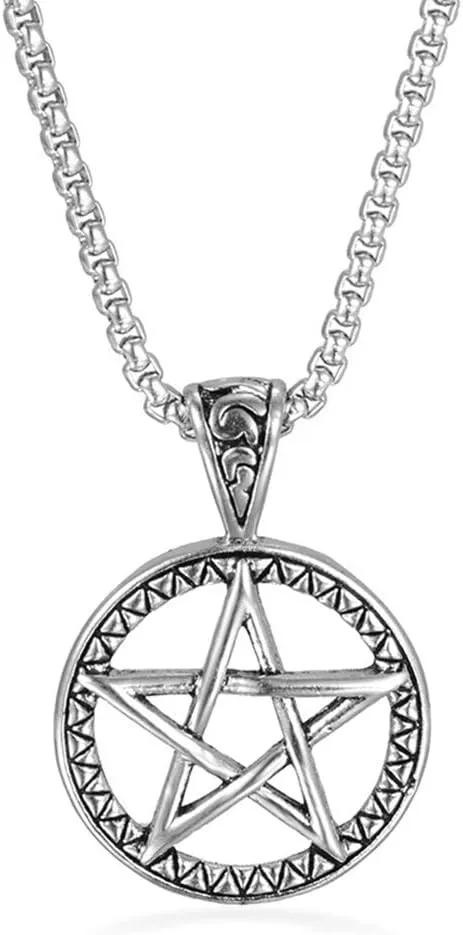 Vintage Stainless Steel Pentagram Pendant Necklace for Men Women Wiccan Necklaces with 24 inch Chain