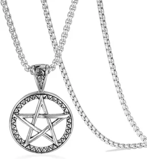 Vintage Stainless Steel Pentagram Pendant Necklace for Men Women Wiccan Necklaces with 24 inch Chain