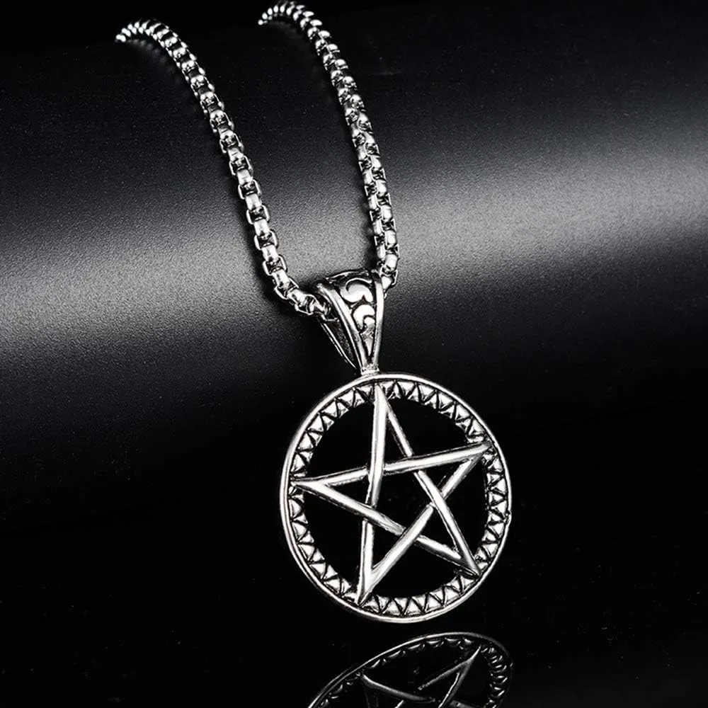 Vintage Stainless Steel Pentagram Pendant Necklace for Men Women Wiccan Necklaces with 24 inch Chain