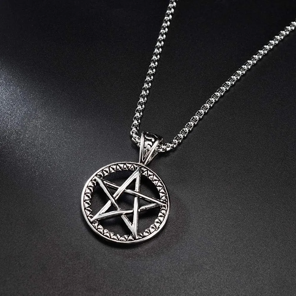 Vintage Stainless Steel Pentagram Pendant Necklace for Men Women Wiccan Necklaces with 24 inch Chain