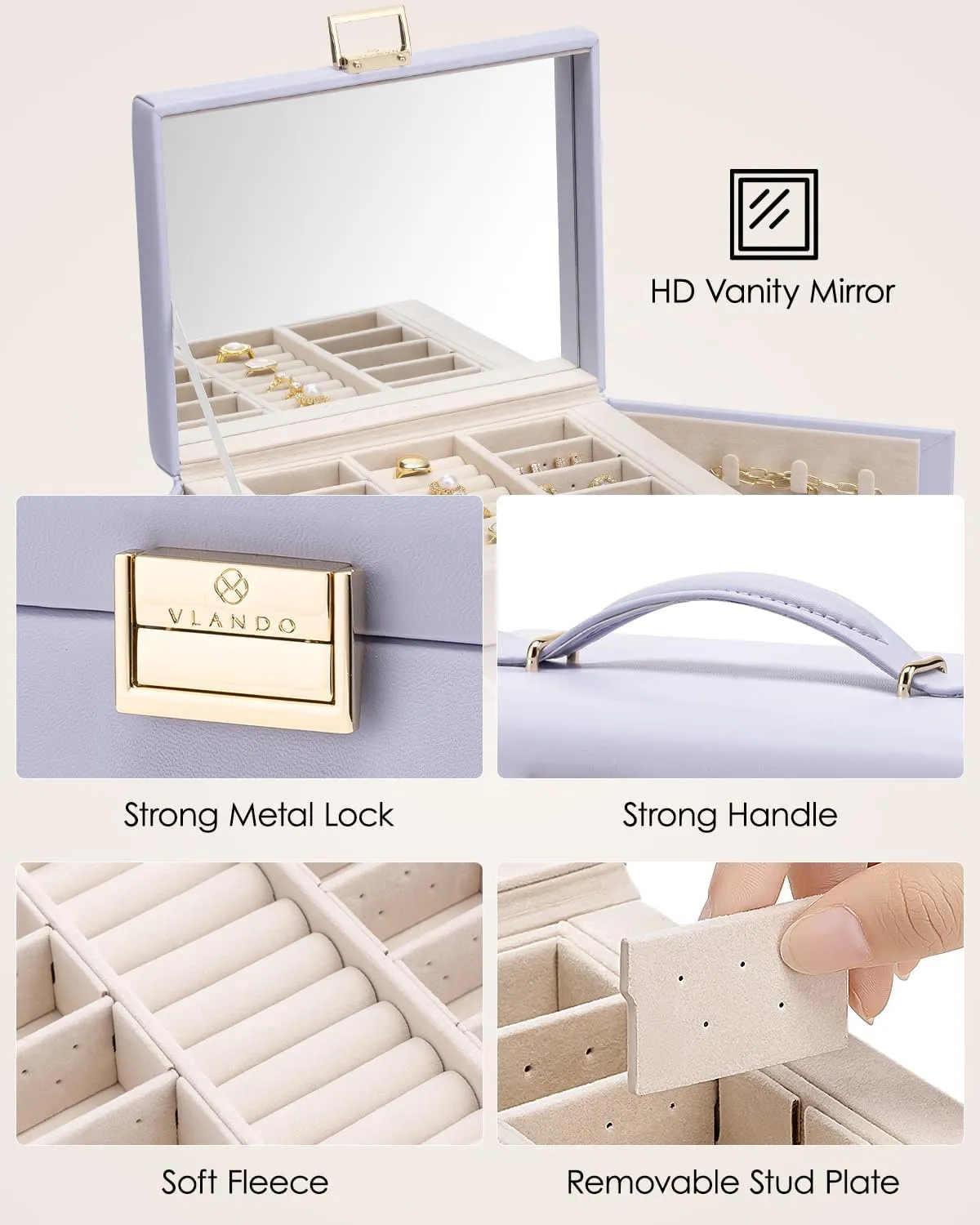 Vlando Jewelry Box 4-Tier,Jewelry Boxes & Organizers with Handle,3 Drawers Travel Jewelry Case with Mirror,Jewelry Storage,Earrings Necklace Rings Christmas Gift for Women Girl Purple