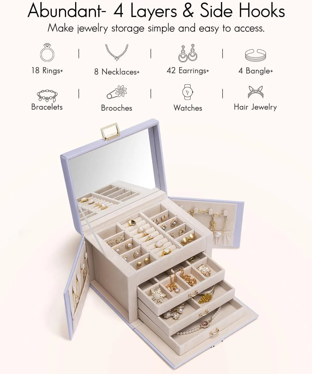 Vlando Jewelry Box 4-Tier,Jewelry Boxes & Organizers with Handle,3 Drawers Travel Jewelry Case with Mirror,Jewelry Storage,Earrings Necklace Rings Christmas Gift for Women Girl Purple