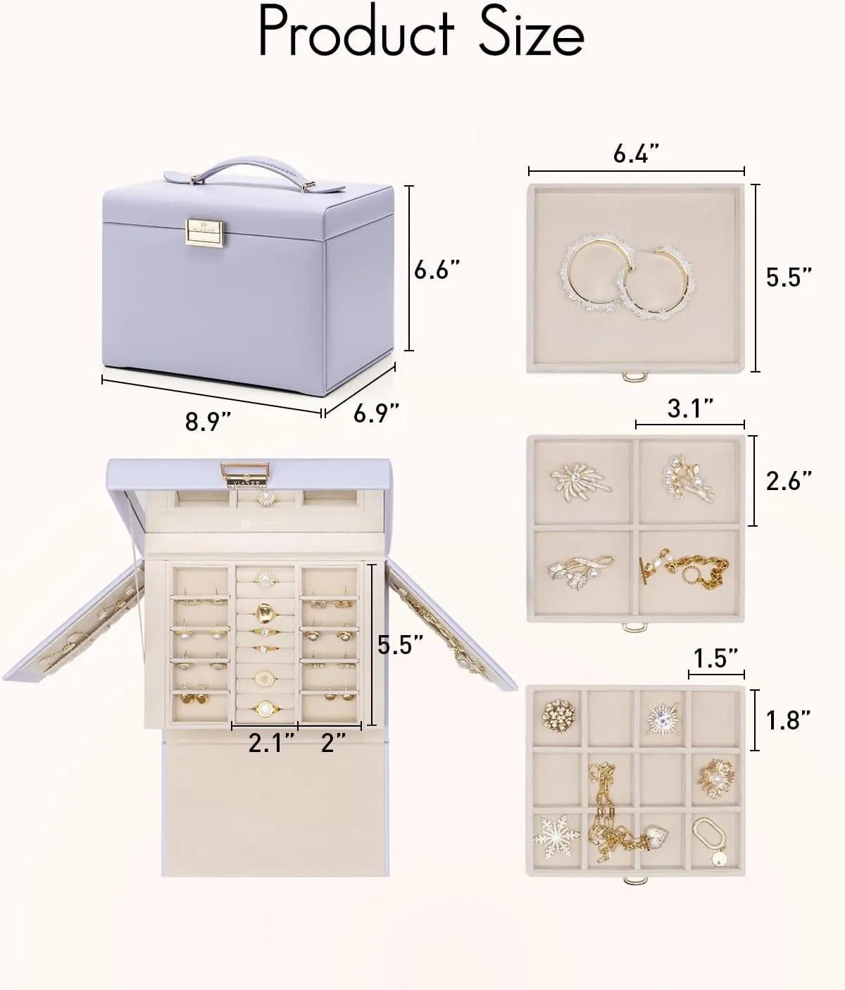 Vlando Jewelry Box 4-Tier,Jewelry Boxes & Organizers with Handle,3 Drawers Travel Jewelry Case with Mirror,Jewelry Storage,Earrings Necklace Rings Christmas Gift for Women Girl Purple