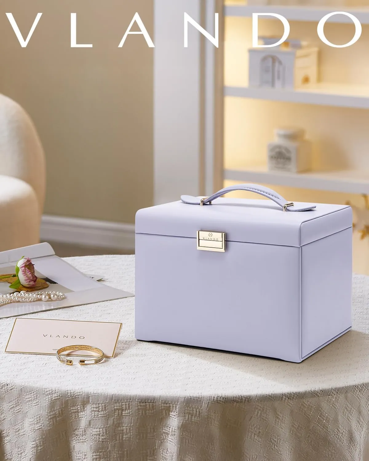 Vlando Jewelry Box 4-Tier,Jewelry Boxes & Organizers with Handle,3 Drawers Travel Jewelry Case with Mirror,Jewelry Storage,Earrings Necklace Rings Christmas Gift for Women Girl Purple
