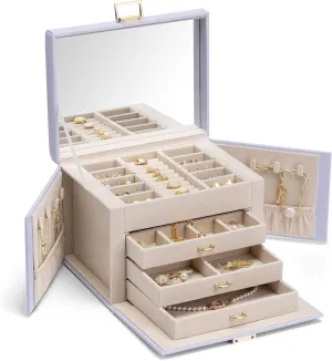 Vlando Jewelry Box 4-Tier,Jewelry Boxes & Organizers with Handle,3 Drawers Travel Jewelry Case with Mirror,Jewelry Storage,Earrings Necklace Rings Christmas Gift for Women Girl Purple