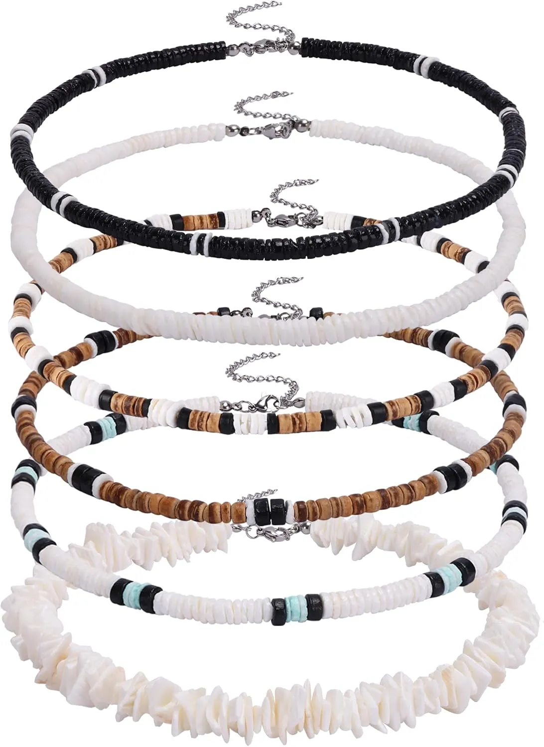WAINIS 6Pcs Puka Shell Necklace for Men White Seashell Necklace Summer Beach Surfer Necklace Coconut Beads Hawaiian Pooka Choker