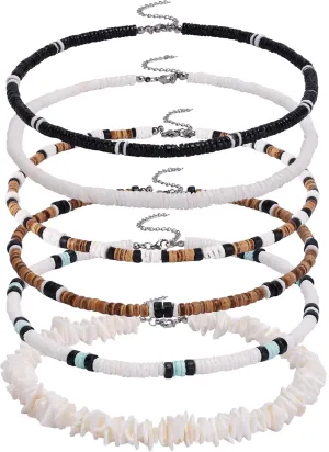 WAINIS 6Pcs Puka Shell Necklace for Men White Seashell Necklace Summer Beach Surfer Necklace Coconut Beads Hawaiian Pooka Choker