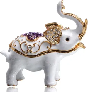 Waltz&F White elephant Hand-Painted Trinket Box Animal Jewelrybox Figurine Collectible Ring Holder