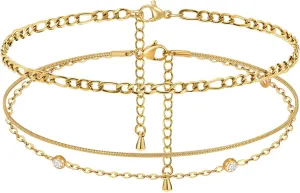 Waterproof Gold Anklets for Women - 14k Gold Plated Ankle Bracelets,Summer Beach Surfer Foot Chain Multilayered Stack Bracelet Anklet Set,Layered Trendy Jewelry Holiday Gifts for Her Girlfriend