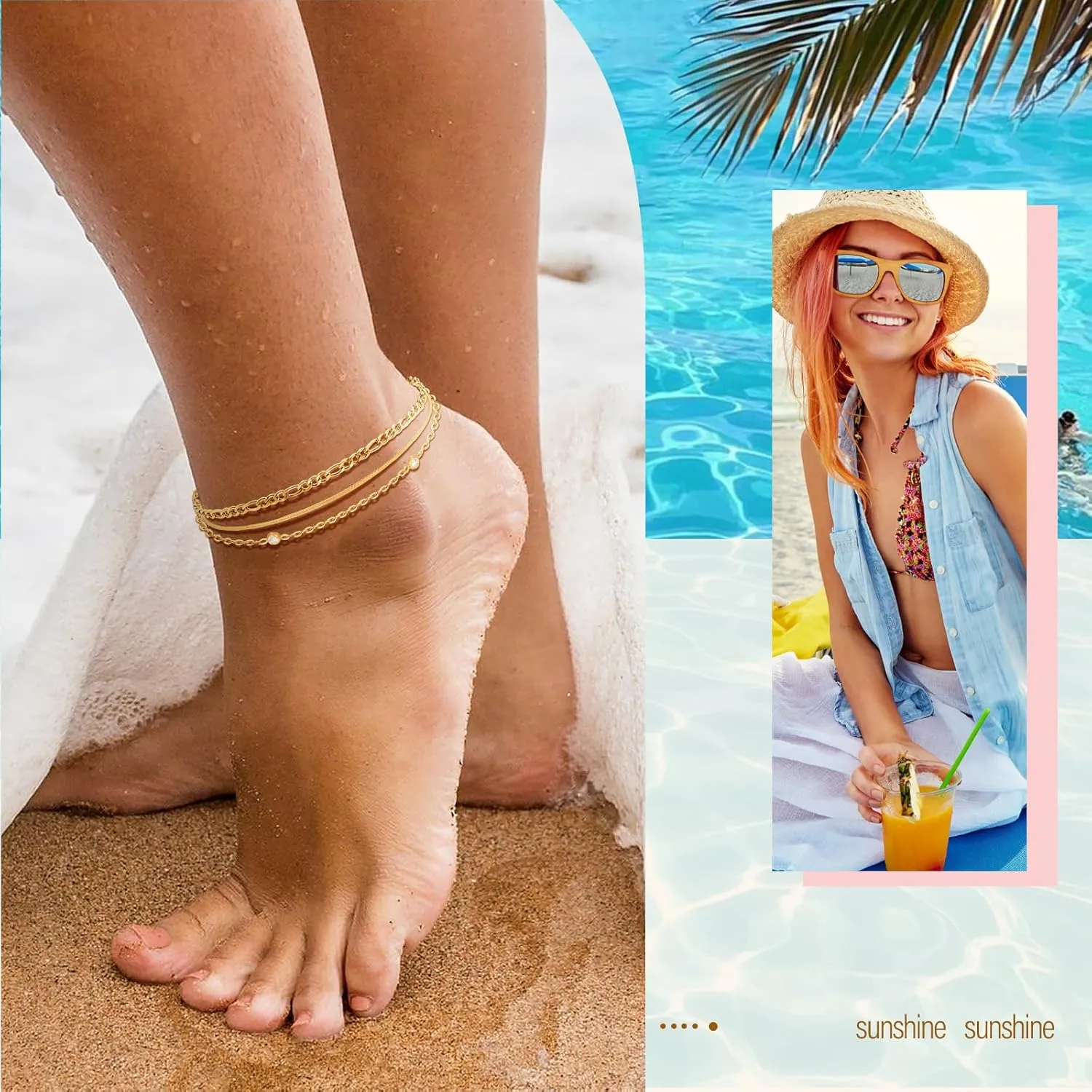 Waterproof Gold Anklets for Women - 14k Gold Plated Ankle Bracelets,Summer Beach Surfer Foot Chain Multilayered Stack Bracelet Anklet Set,Layered Trendy Jewelry Holiday Gifts for Her Girlfriend