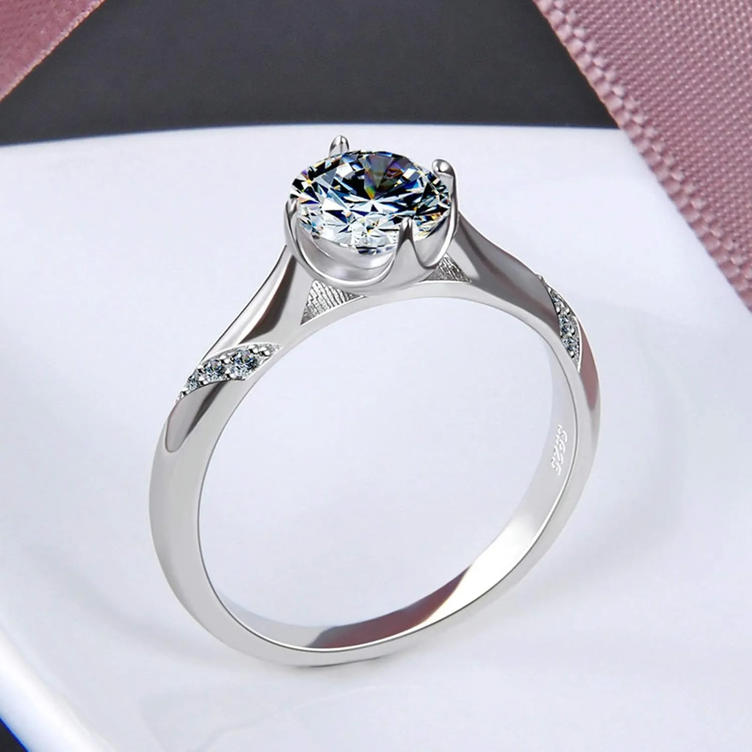 Wedding Ring Promise Ring Couples Ring Silver Cubic Zirconia Round Brilliant Shape Ring
