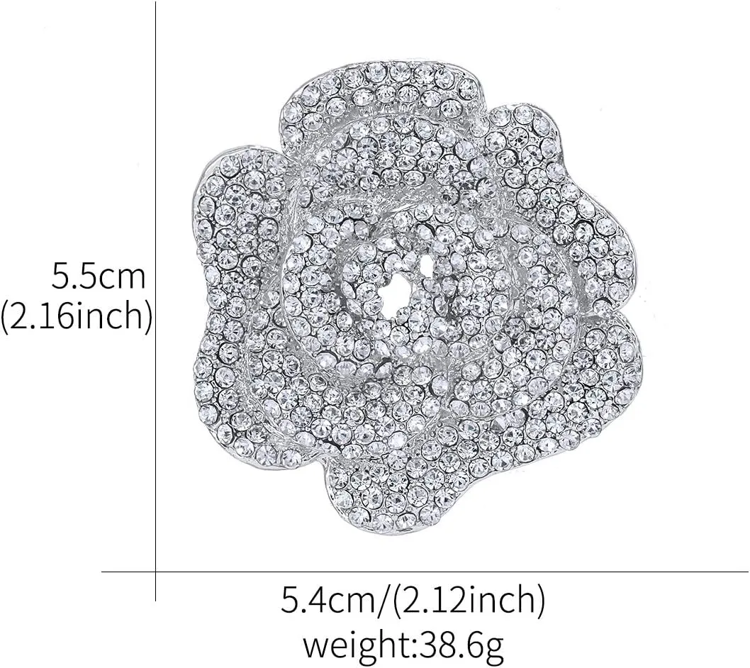 White Gold/Rose Gold Plated Women's Crystal Rhinestone Rose Flower Shape Brooch Pins for Women Lady