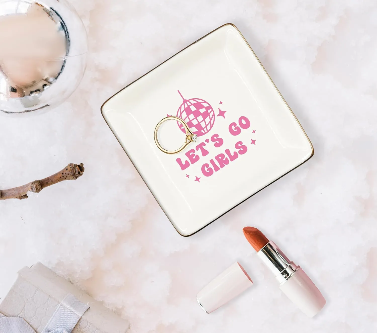 WODMIS Preppy Western Ceramic Jewelry Tray Dish, Pink Cowgirls Jewelry Plate, Let's Go Girls Preppy Cowgirl Disco Ball Ceramic Ring Trinket Dish, Cowgirl Birthday Gift For Women Cowgirls