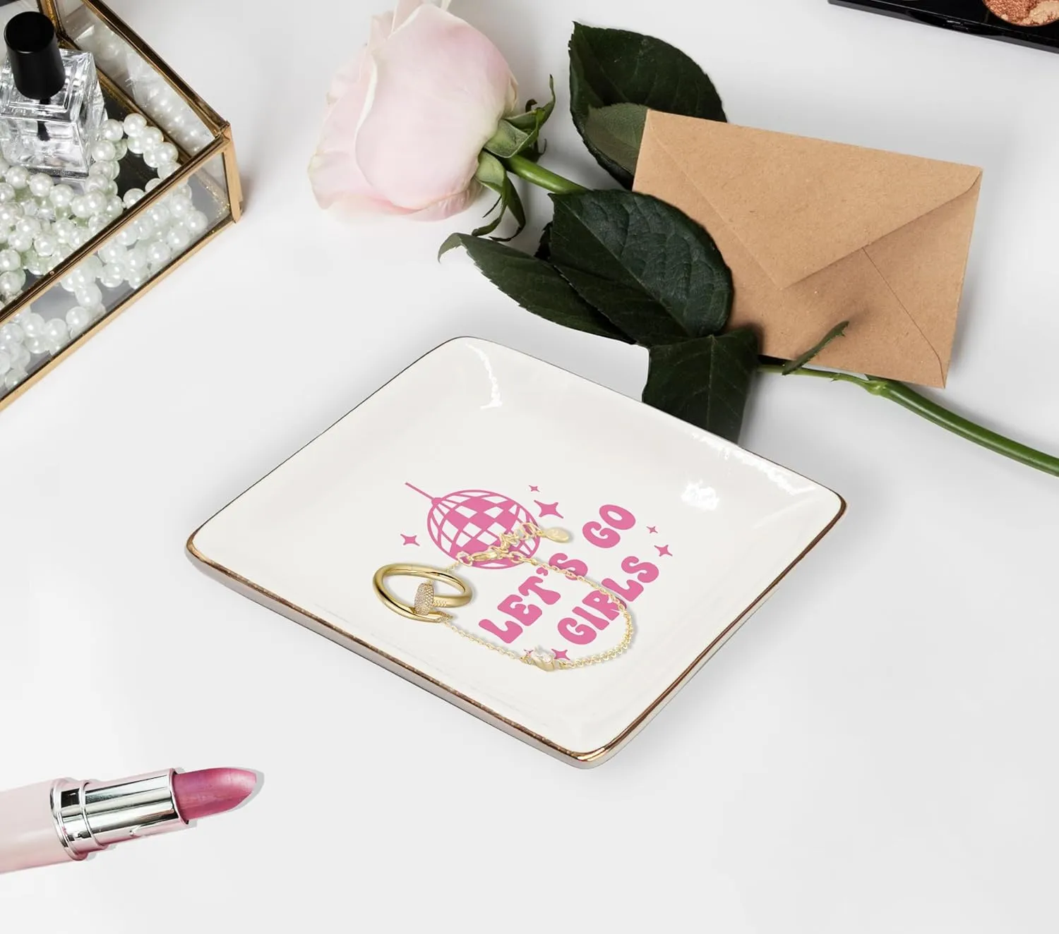 WODMIS Preppy Western Ceramic Jewelry Tray Dish, Pink Cowgirls Jewelry Plate, Let's Go Girls Preppy Cowgirl Disco Ball Ceramic Ring Trinket Dish, Cowgirl Birthday Gift For Women Cowgirls
