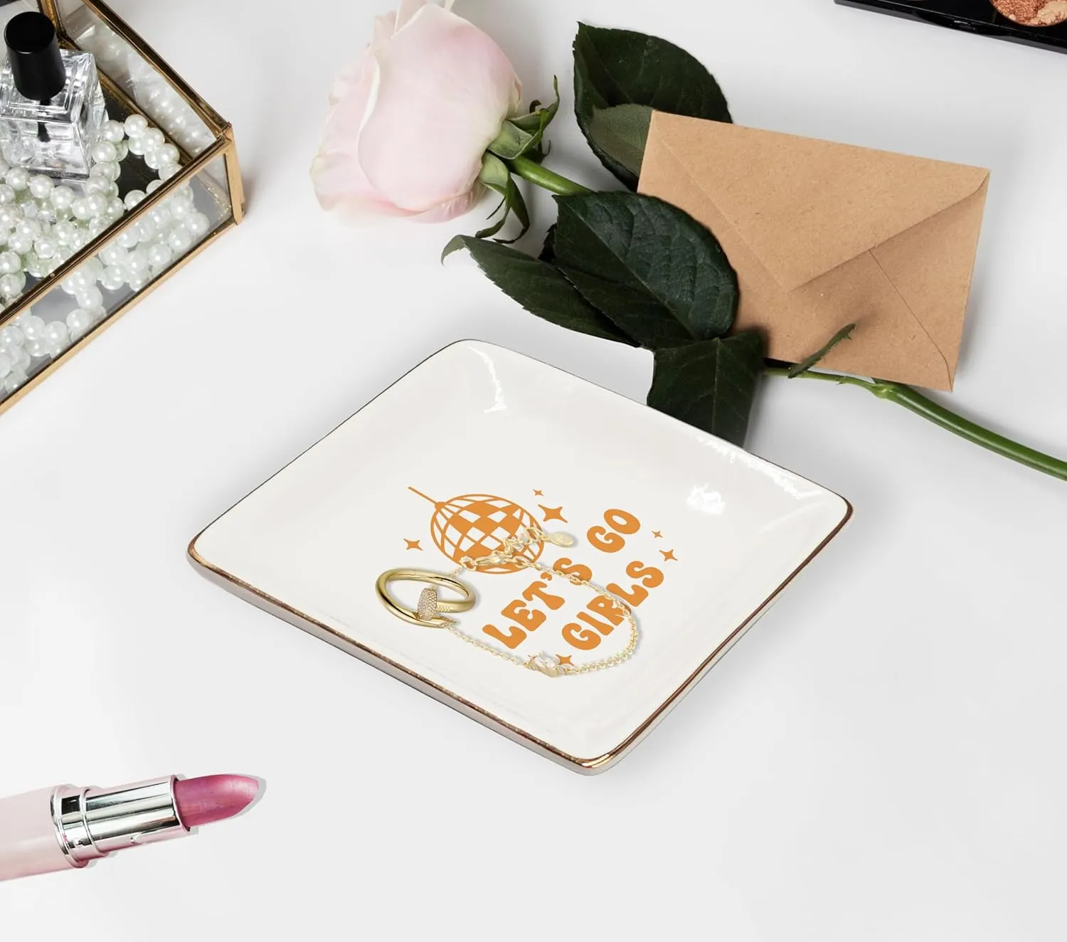 WODMIS Preppy Western Ceramic Jewelry Tray Dish, Yellow Cowgirls Jewelry Plate, Let's Go Girls Preppy Cowgirl Disco Ball Ceramic Ring Trinket Dish, Cowgirl Birthday Gift For Women Cowgirls 322