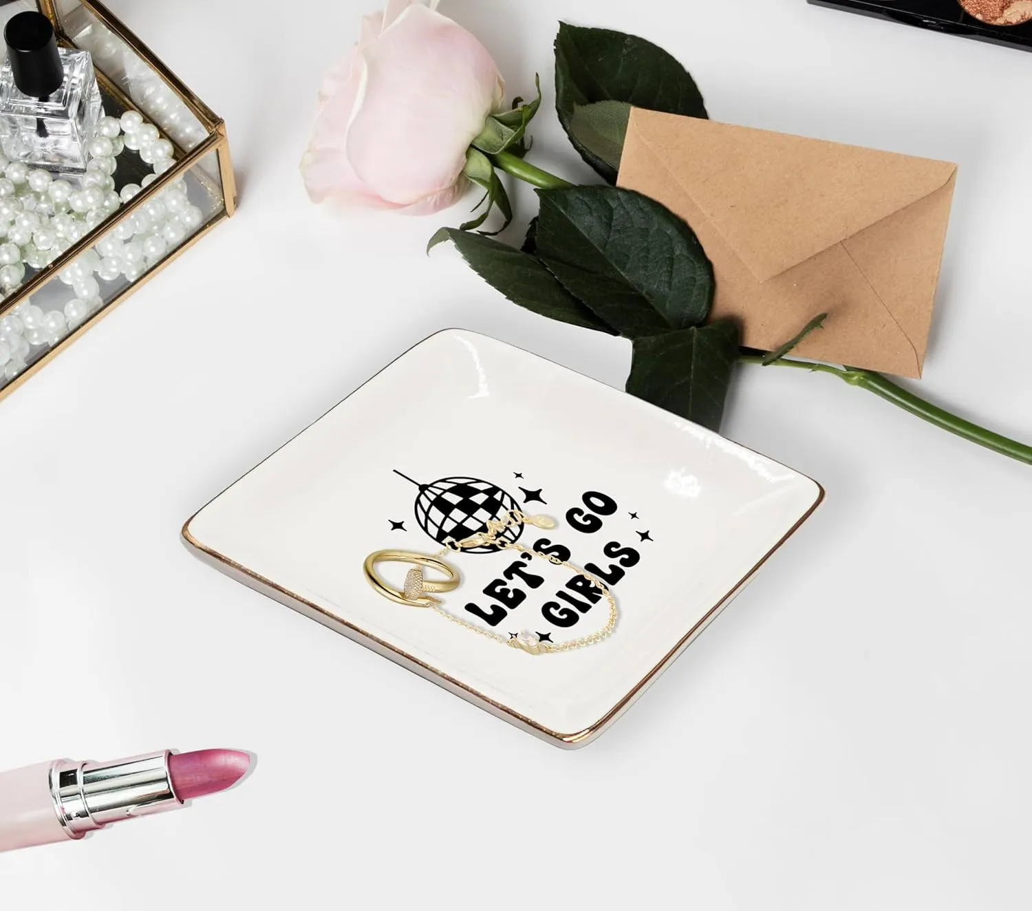 WODMIS Western Cowgirl Ceramic Jewelry Tray Dish, Pink Cowgirls Jewelry Plate, Let's Go Black Cowgirls Disco Ball Ring Trinket Dish, Cowgirl Birthday Gift For Women Cowgirls Ssp