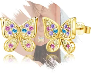 Womens 18K Gold Plated Sterling Sliver Colorful Butterfly Small Cubic Zirconia Stud Earrings Hypoallergenic Lightweight Cute Animal Stud Earrings for Wife Mom for Sensitive Ears