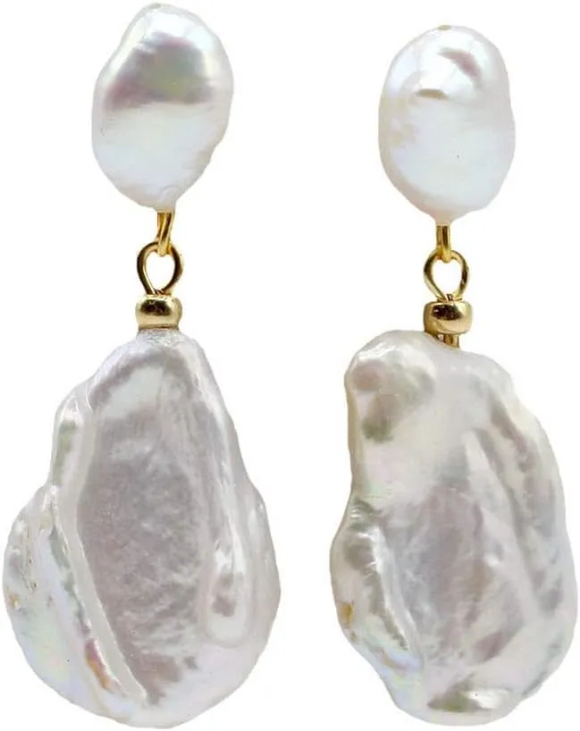 Women's Earrings White Natural Freshwater Pearl Earrings Genuine Baroque Flat Drop Pendant Silver Earrings Fashion Gift Choice (gold)