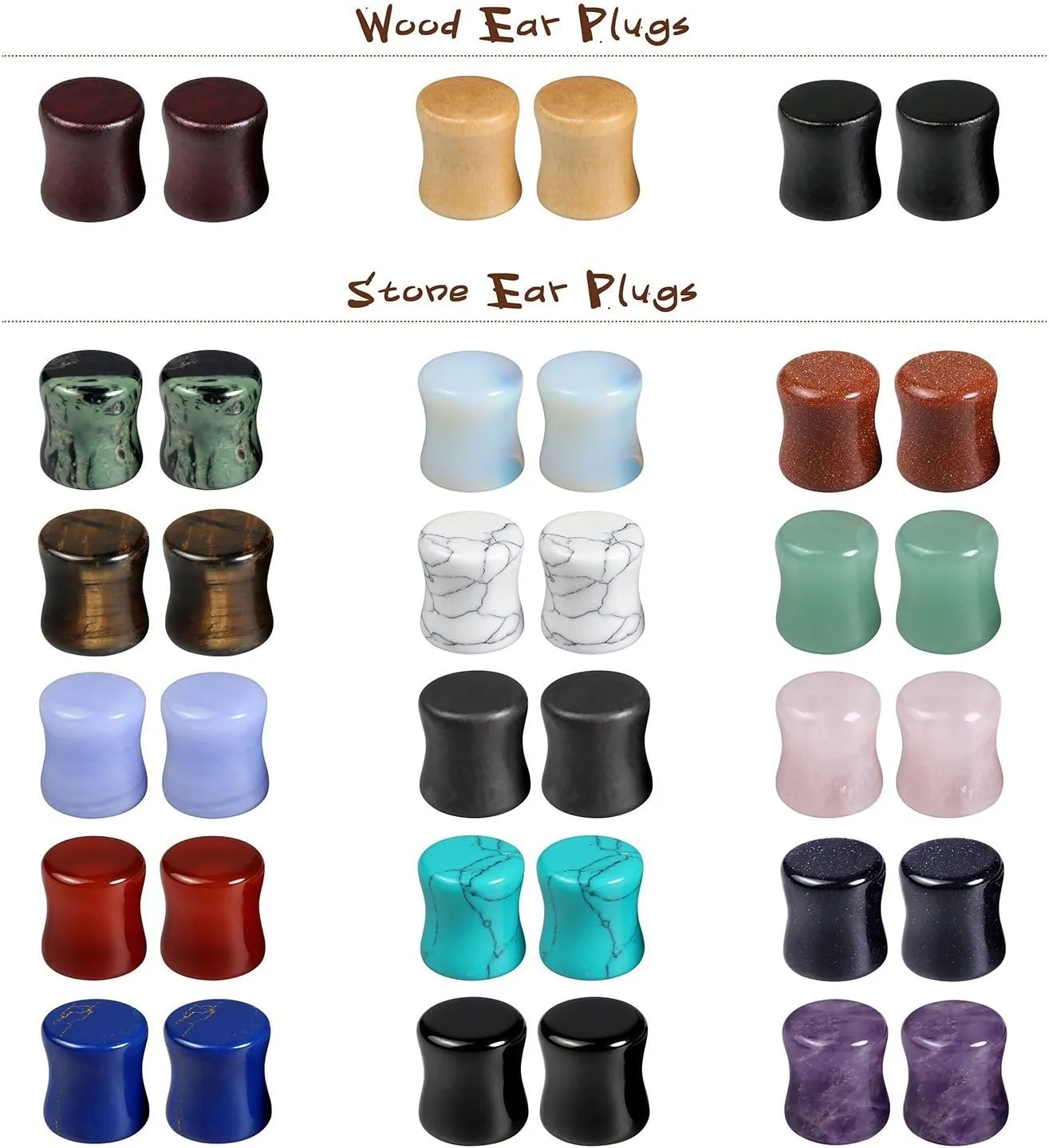 Wood Mixed Stone Ear Plugs Ear Gauges Double Flared Saddle Stretching Gauge Expander (18 Pairs/36 Pieces,00g-14mm)