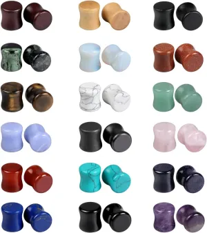 Wood Mixed Stone Ear Plugs Ear Gauges Double Flared Saddle Stretching Gauge Expander (18 Pairs/36 Pieces,00g-14mm)