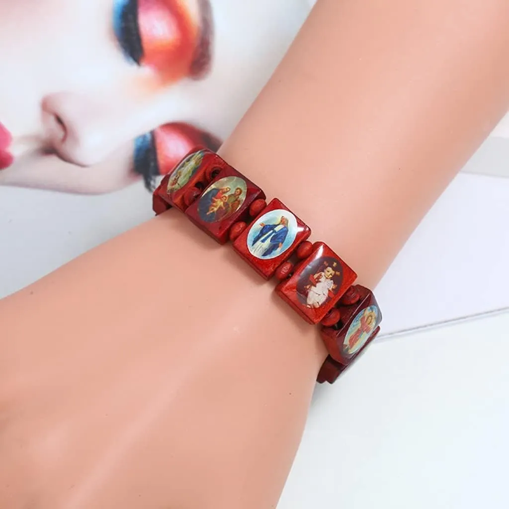 Wooden Rosary Bracelet Elastic Coloured Beads Catholic Bangle Religious Holy Devotion Bracelet