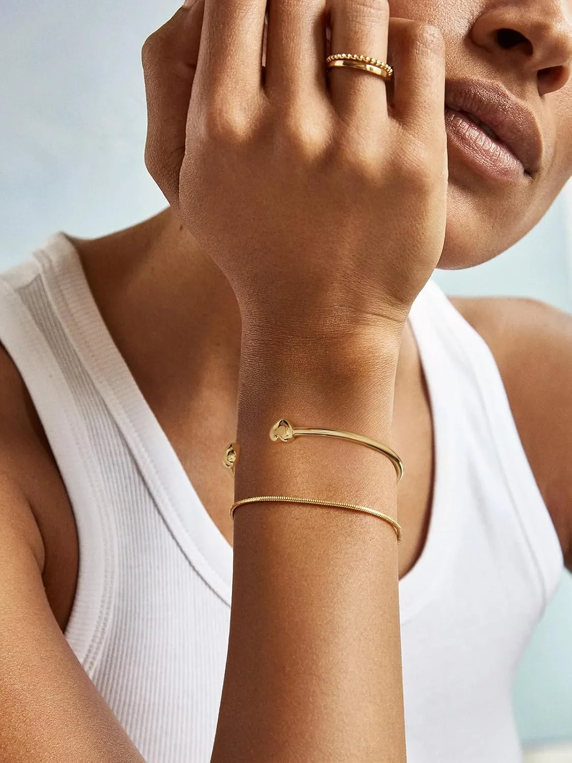 WOWORAMA Dainty Gold Cuff Bracelets for Women Delicate Thin Wire Open Bangle Bracelets Stackable Minimalist Wrist Cuff Bracelets Flexible Adjustable Size