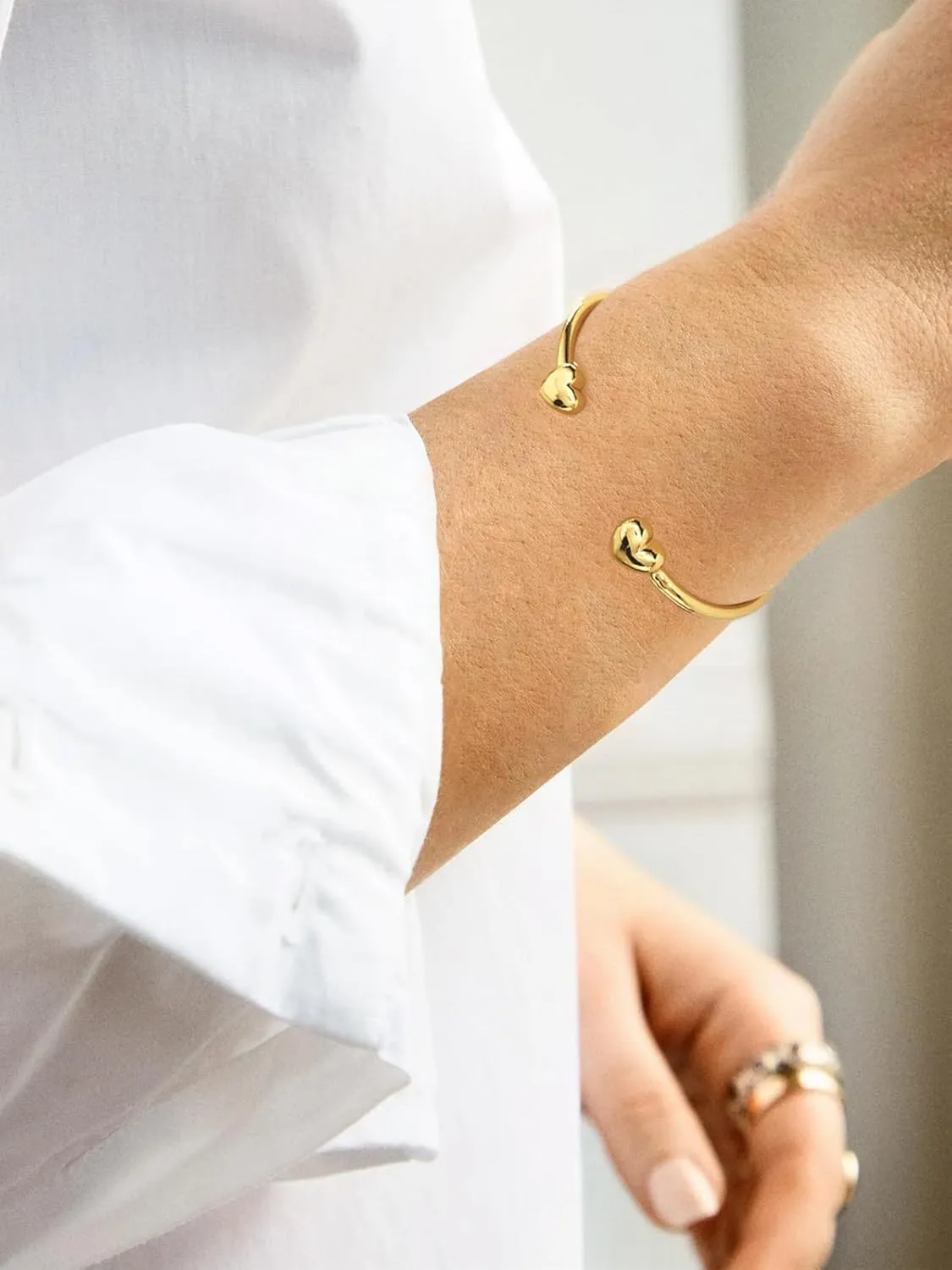 WOWORAMA Dainty Gold Cuff Bracelets for Women Delicate Thin Wire Open Bangle Bracelets Stackable Minimalist Wrist Cuff Bracelets Flexible Adjustable Size