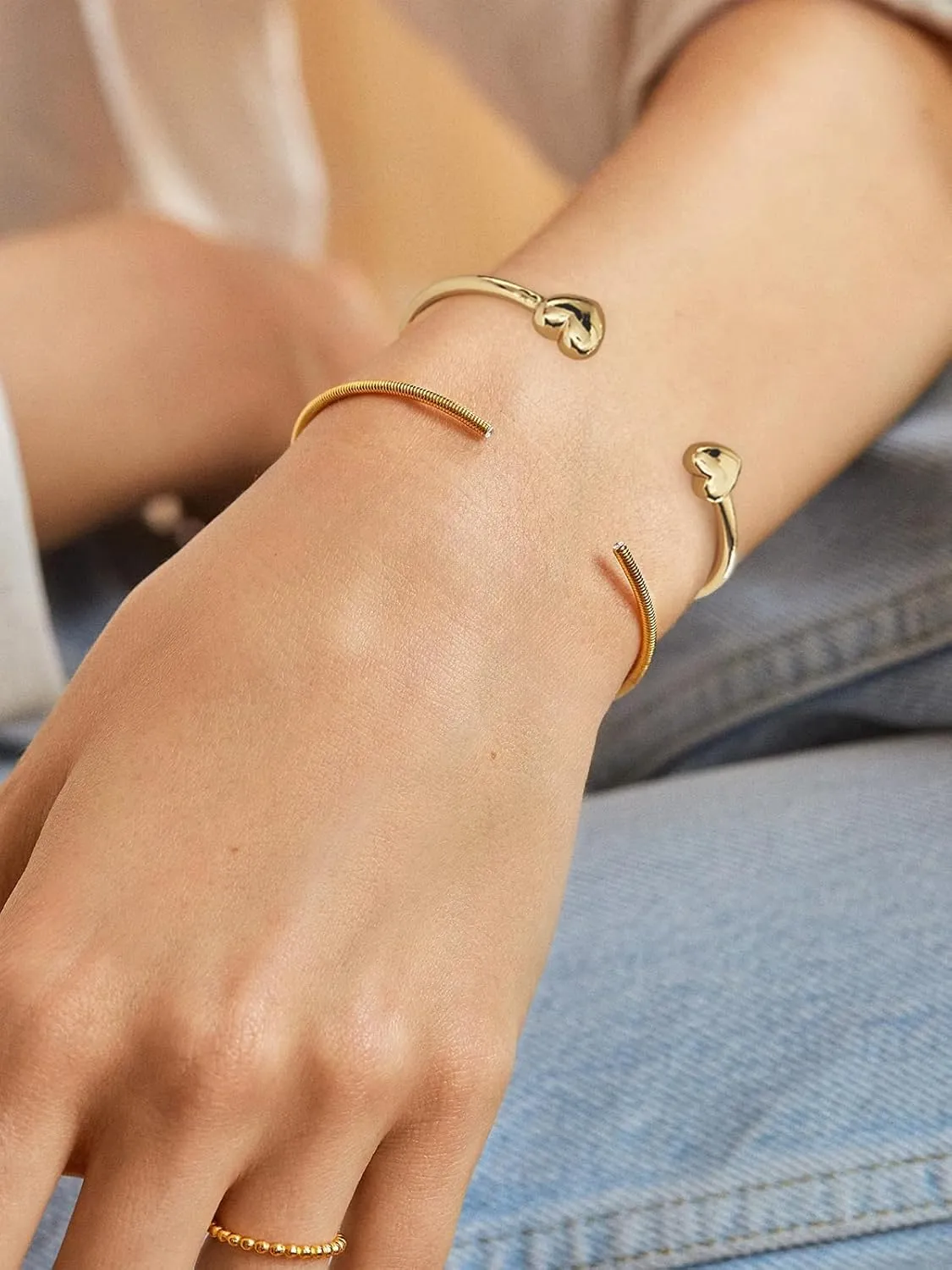 WOWORAMA Dainty Gold Cuff Bracelets for Women Delicate Thin Wire Open Bangle Bracelets Stackable Minimalist Wrist Cuff Bracelets Flexible Adjustable Size