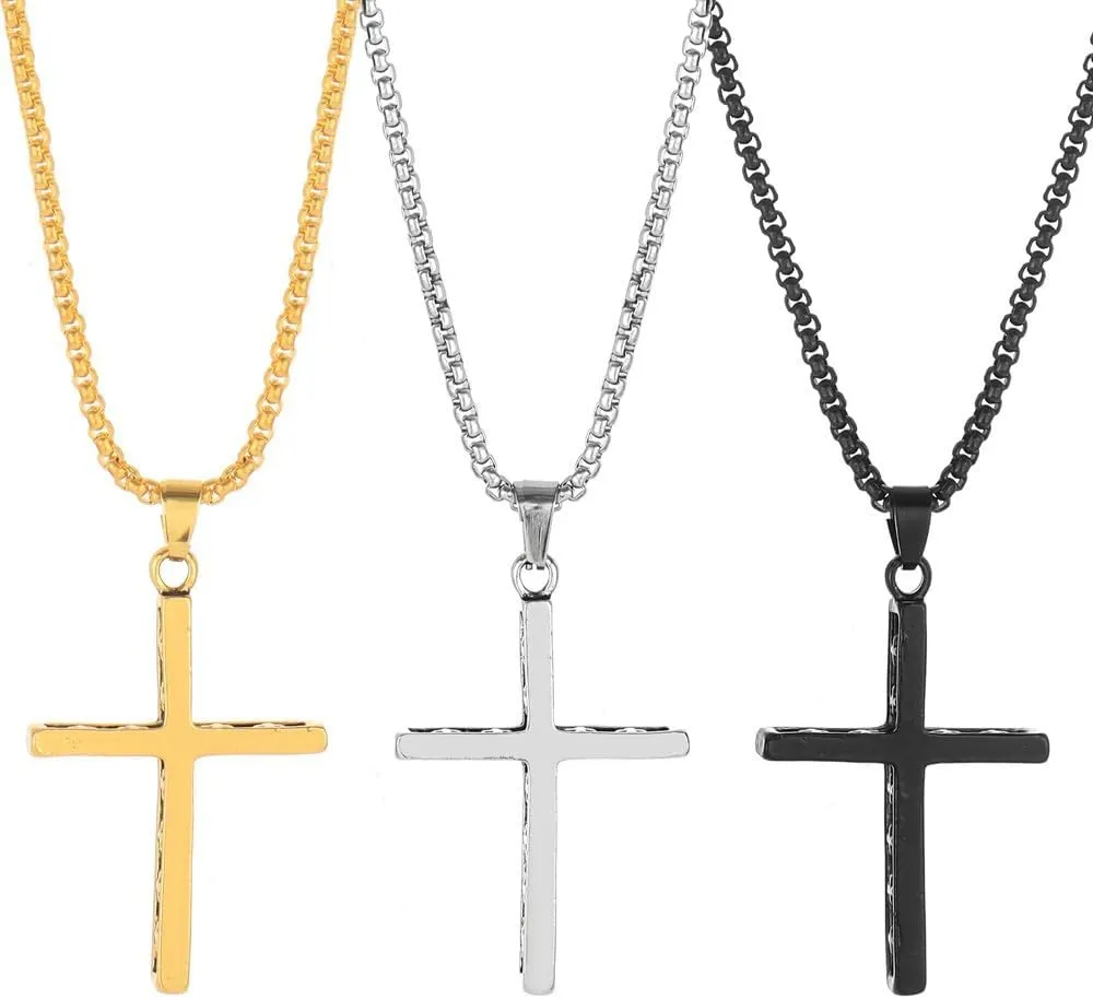 XAM 3PCS Fashion Jewelry Polished Stainless Steel Nail Cross Pendant-Chain Necklace Christian Jewelry Church Baptism Gift Cross Pendant Necklaces for Men Women