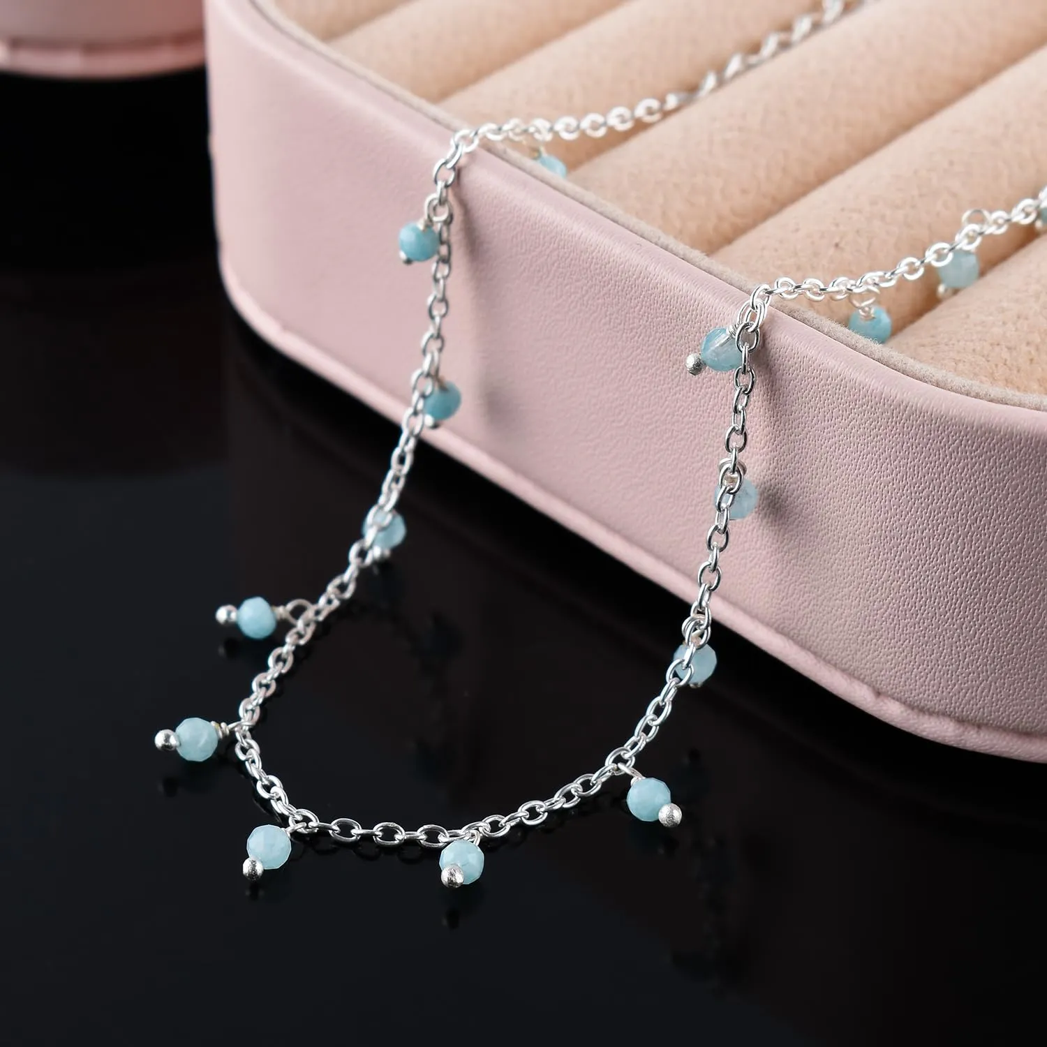 Yanara Larimar Anklets Ankle Bracelets for Women Natural Birthstone Silver Plated Handmade Jewelry in 8.5 1.5 inch Chakra Crystals and Gemstones Gifts for Mom Her Girls