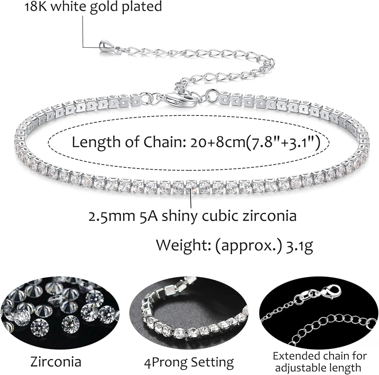YATOJUZI Ankle Bracelets for Women 14K Gold/18K Platinum Plated Silver Gold Anklets Summer Beach Tennis Fashion Cubic Zirconia Bracelet Jewelry Gifts 2.5mm/4mm