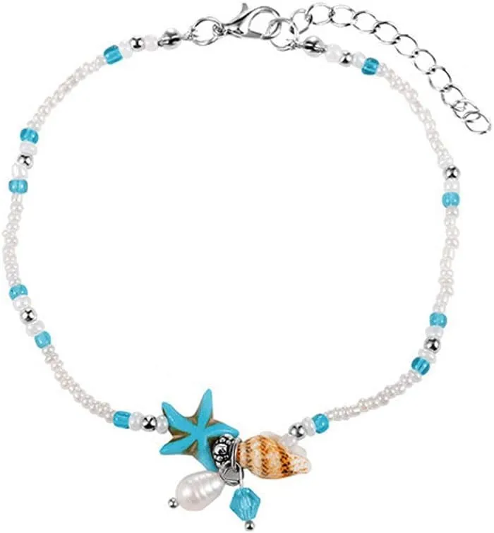 YAZILIND Boho Style Beaded Anklet Starfish Shell Imitation Pearl Beach Anklets Bohemian Jewelry