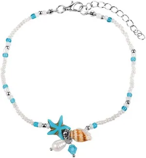 YAZILIND Boho Style Beaded Anklet Starfish Shell Imitation Pearl Beach Anklets Bohemian Jewelry