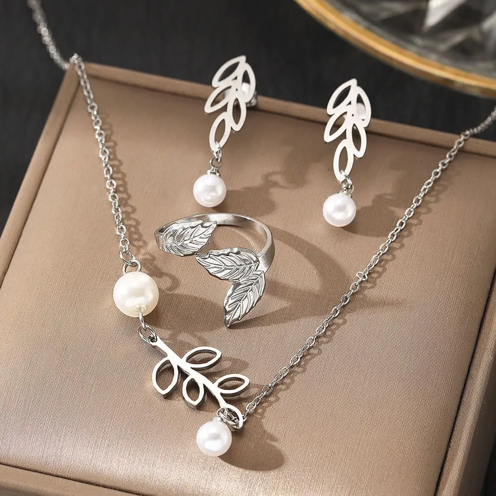YAZILIND Jewelry Set for Women,Dainty 18K Gold/Silver Plated Pearl Necklace and Earring Set Gold/Silver Drop Earrings Ring Pearl Choker Necklace Wedding Jewelry