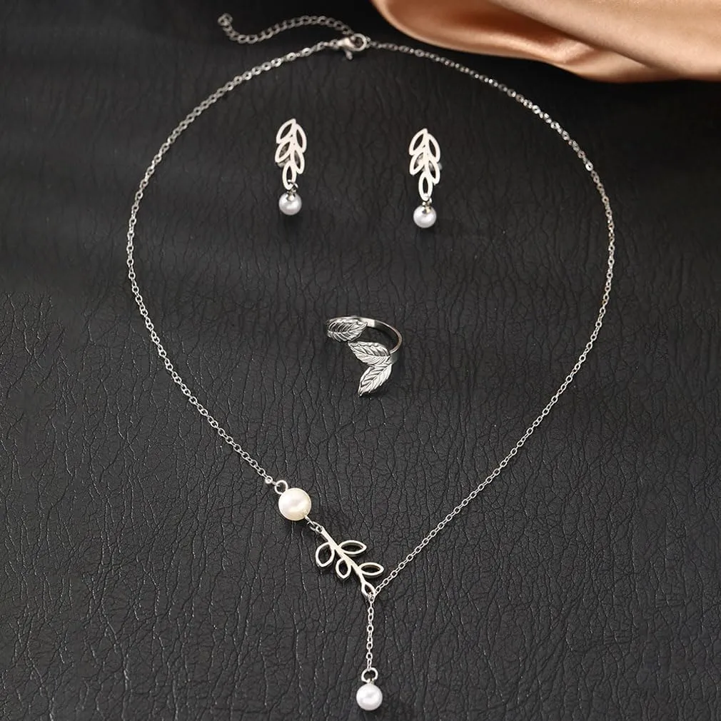 YAZILIND Jewelry Set for Women,Dainty 18K Gold/Silver Plated Pearl Necklace and Earring Set Gold/Silver Drop Earrings Ring Pearl Choker Necklace Wedding Jewelry