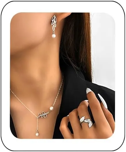 YAZILIND Jewelry Set for Women,Dainty 18K Gold/Silver Plated Pearl Necklace and Earring Set Gold/Silver Drop Earrings Ring Pearl Choker Necklace Wedding Jewelry