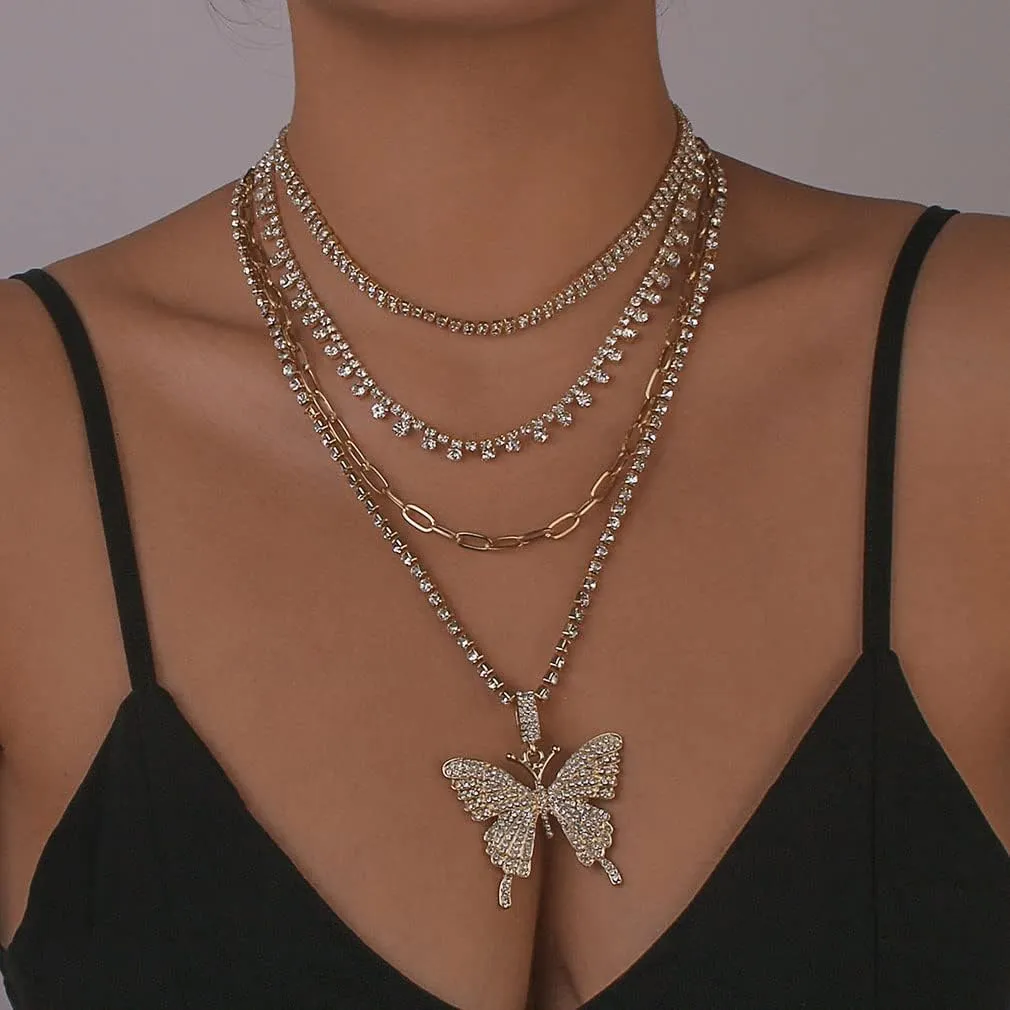YAZILIND Women's Exaggerated Multi-Layer Chain Necklace Rhinestone Butterfly Shape Pendant Luxury Personality Jewelry