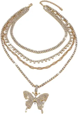 YAZILIND Women's Exaggerated Multi-Layer Chain Necklace Rhinestone Butterfly Shape Pendant Luxury Personality Jewelry