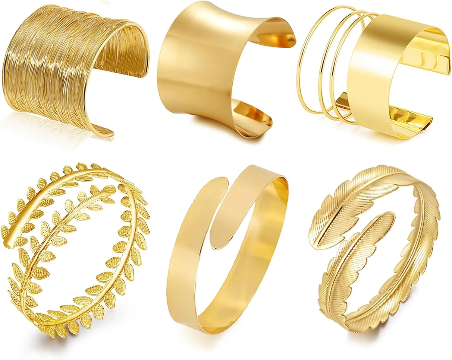 YVVLEE 6 PCS Gold Chunky Arm Cuff Upper Arm Band Cuff Bracelet Bangle for Women Irregular Minimalist Statement Gold Silver Adjustable Armband Set
