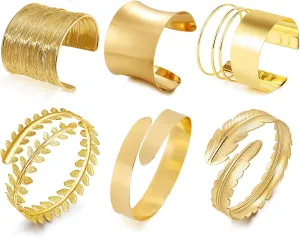 YVVLEE 6 PCS Gold Chunky Arm Cuff Upper Arm Band Cuff Bracelet Bangle for Women Irregular Minimalist Statement Gold Silver Adjustable Armband Set