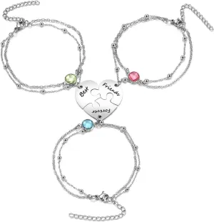 Zysta 3/4 PCS Puzzle Piece Bracelet Set for Best Friend Stainless Steel Best Friends Forever Matching Heart Puzzle Link Bracelet for BFF Family Love Friendship Jewelry Gift Sets