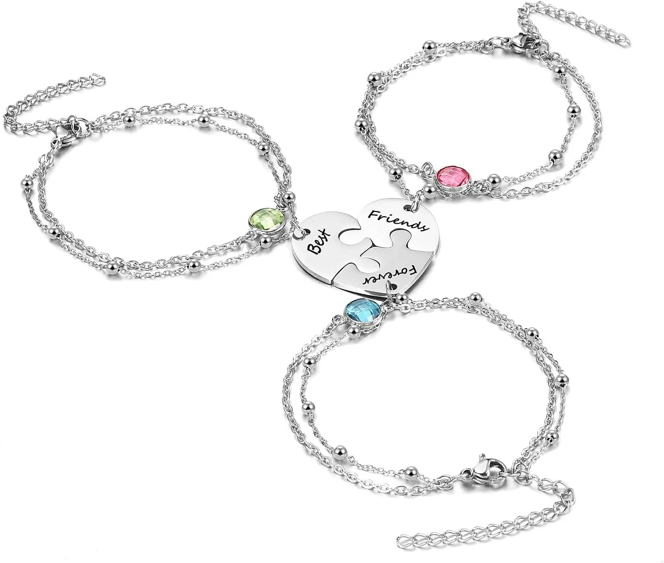 Zysta 3/4 PCS Puzzle Piece Bracelet Set for Best Friend Stainless Steel Best Friends Forever Matching Heart Puzzle Link Bracelet for BFF Family Love Friendship Jewelry Gift Sets